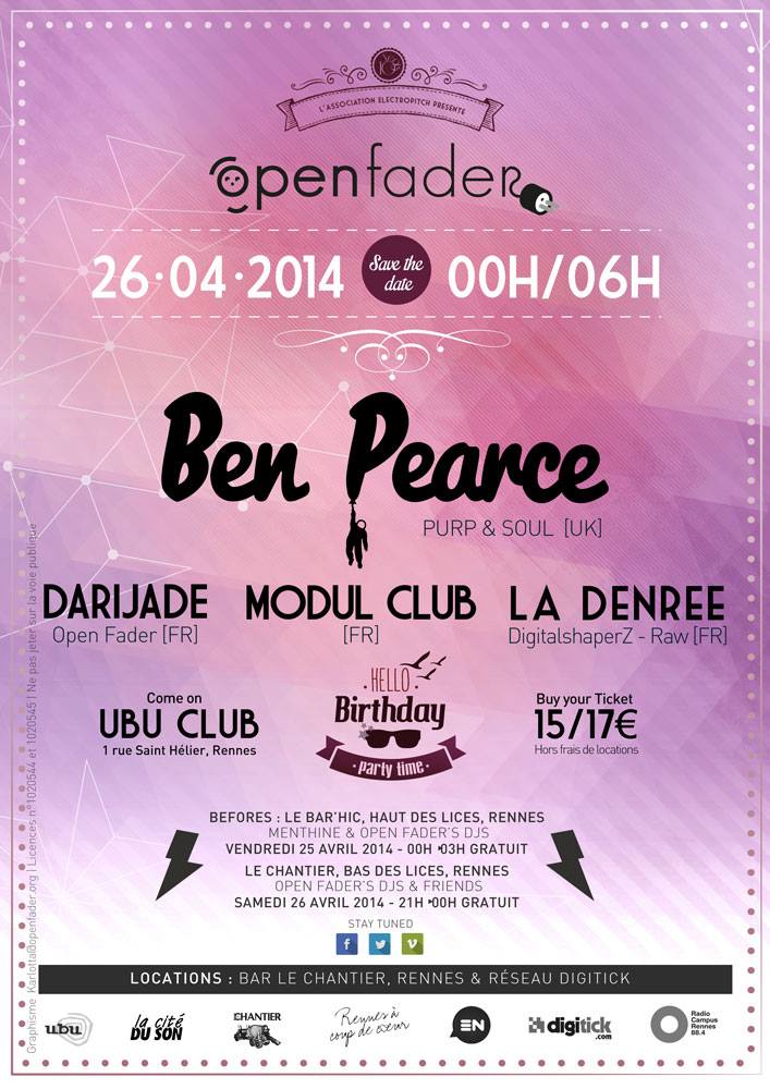 Open fader, Birthday party time, soirée, clubbing, Rennes, electro, techno, Open Fader, Karlottadsgn, graphisme, print, web, rennes, bretagne